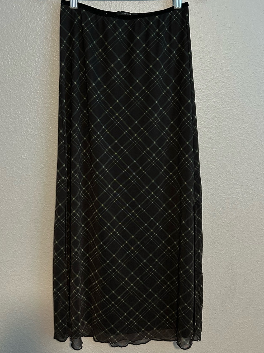 Forever 21 Black Plaid Micro-Mesh Maxi Skirt W/ Slit